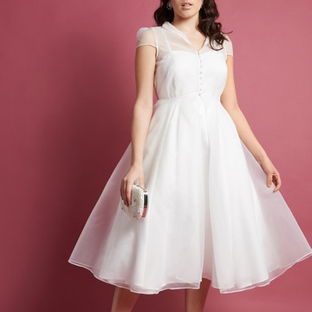 Modcloth White Sheer-Accent Tea-Length Dress